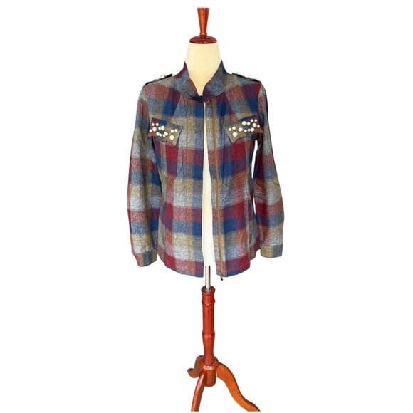CAbi Multicolor Collage Plaid Utility Zip Up Flannel Jacket Size S Pearl Accents - Picture 5 of 17